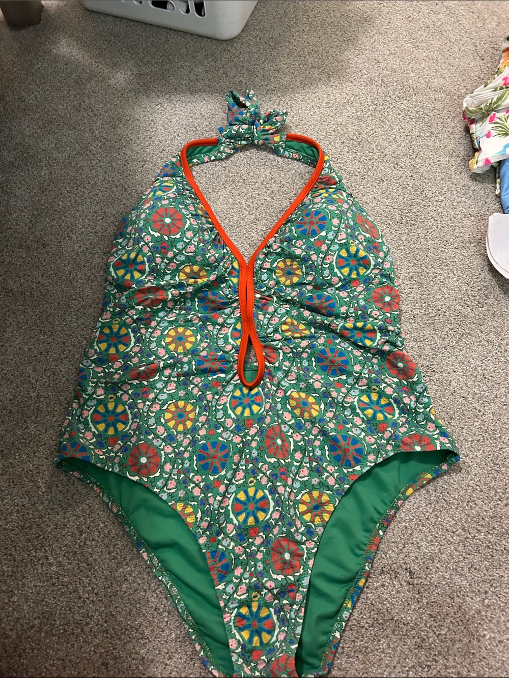 RHODE Green Multicolor Halter One-Piece Swimsuit with Orange Trim